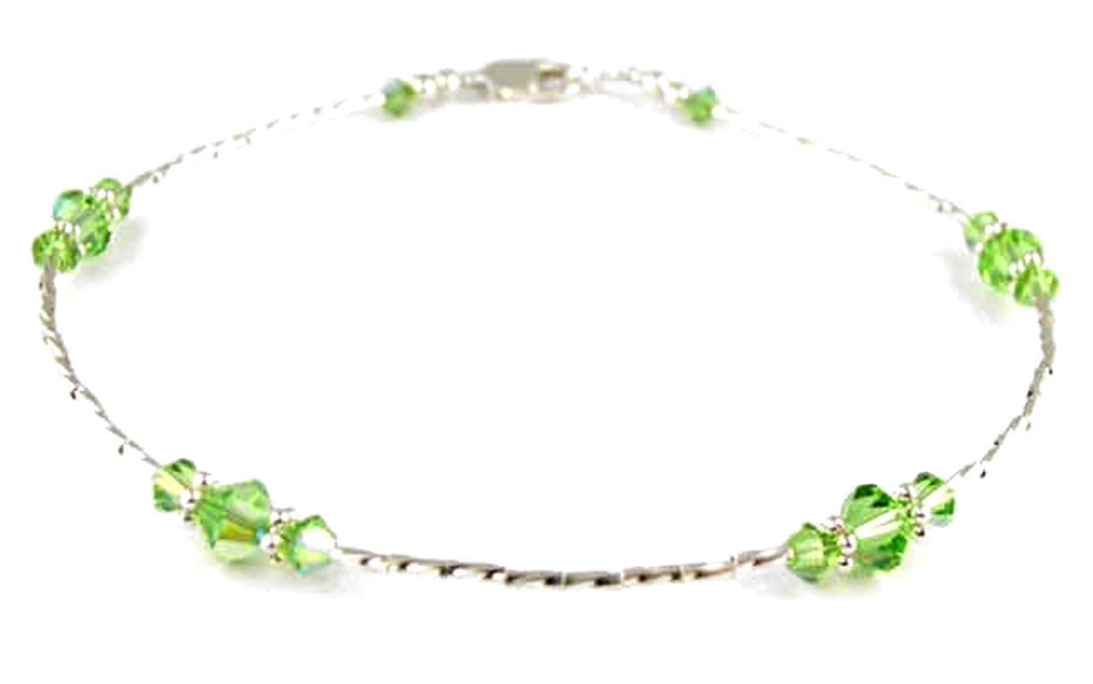 Handmade Green Peridot August birthstone anklet in 925 sterling silver with liquid silver beads and extender.