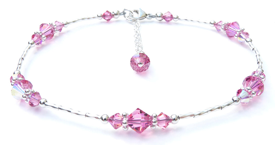 Handmade Pink Tourmaline October birthstone anklet in 925 sterling silver with liquid silver beads and extender.