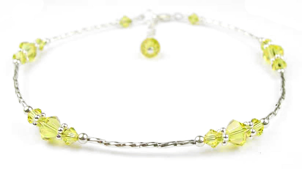 Handmade Yellow Citrine November birthstone anklet in 925 sterling silver with liquid silver beads and extender.