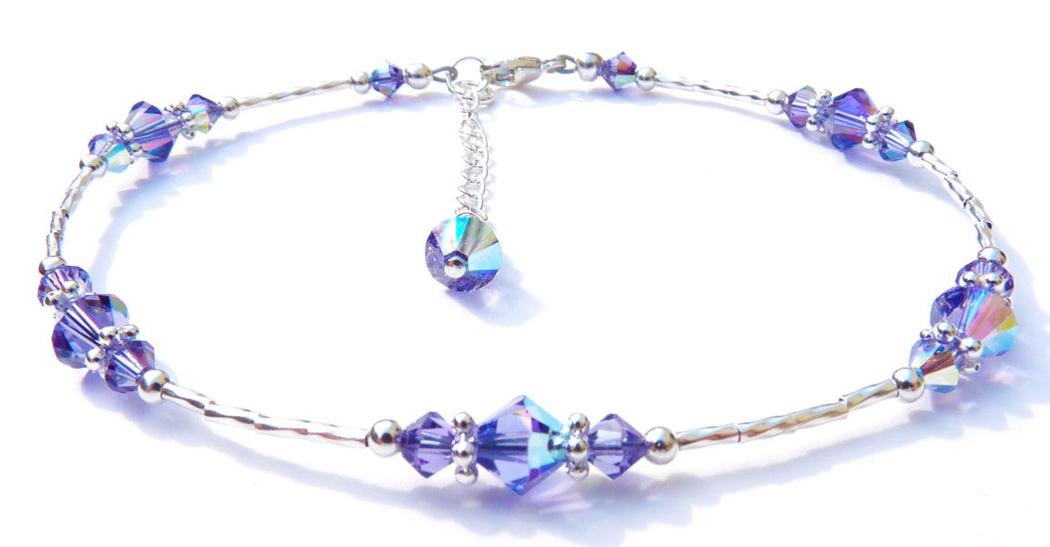 Handmade Tanzanite December birthstone anklet in 925 sterling silver with liquid silver beads and extender.