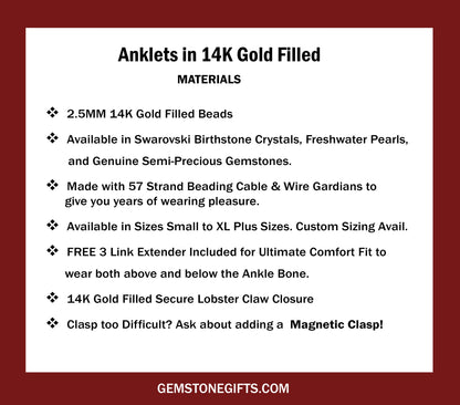 14k GF Ruby Anklet in Gold, July Birthstone Gemstone Crystal Ankle Bracelet