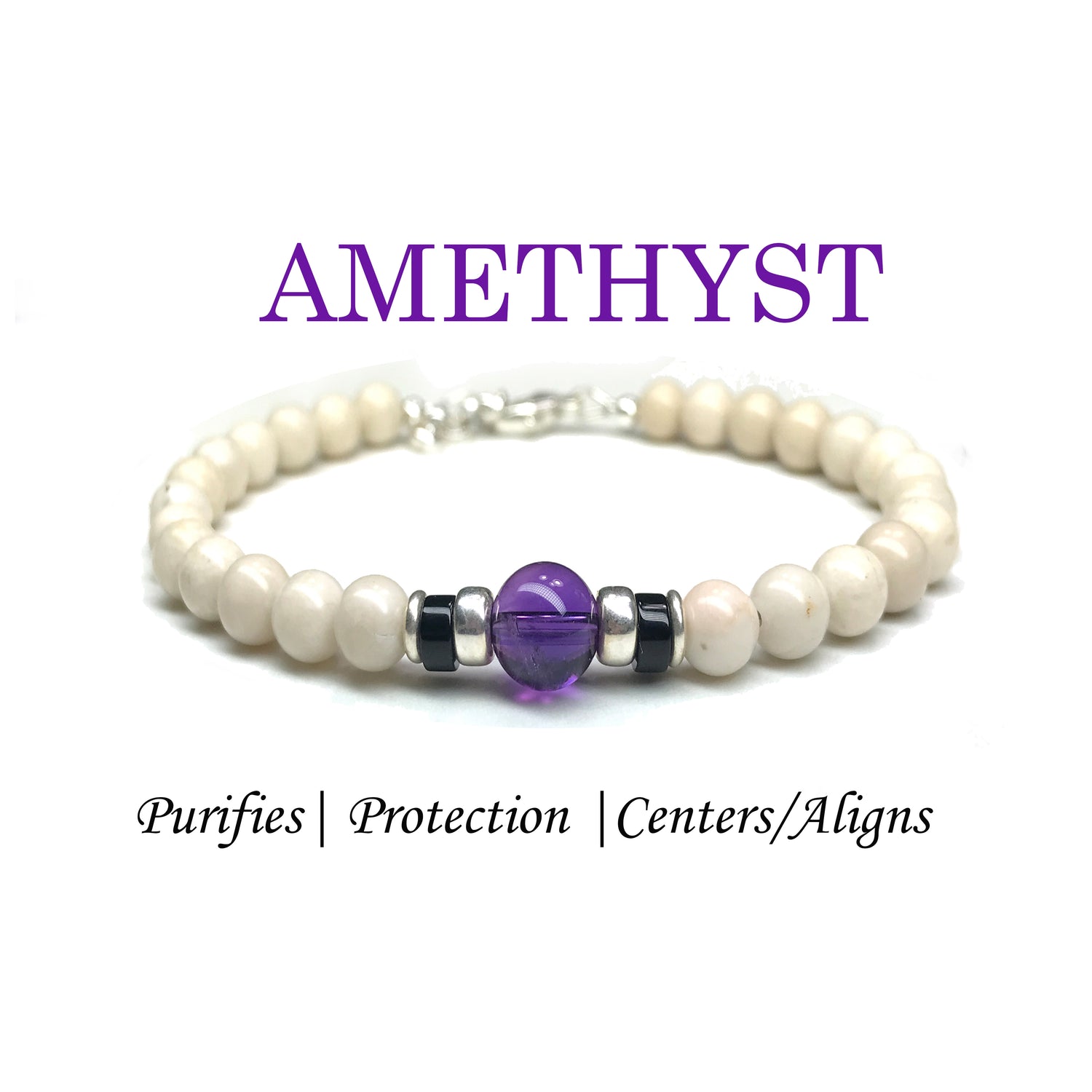 Purple Amethyst Mens Birthstone Bracelet, February Aquarius &amp; Pisces Zodiac Gemstones, 6MM Black Beaded Bracelets