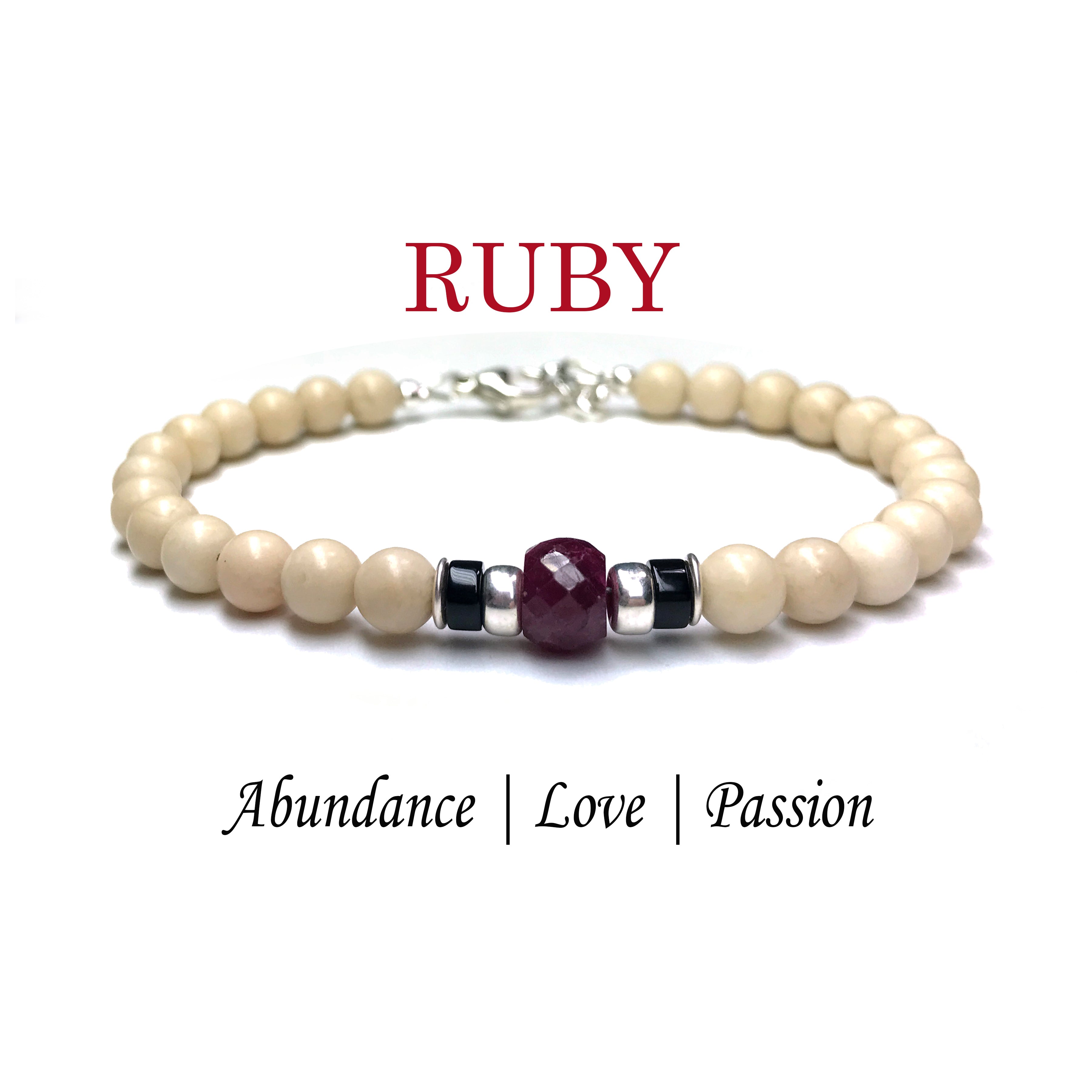 Faceted Red Ruby Mens Birthstone Bracelet, July Birthstone Jewelry, Cancer Zodiac Bracelet, Mens Gemstone Beaded Black Onyx Birthday Gift