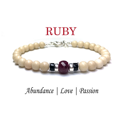 Faceted Red Ruby Mens Birthstone Bracelet, July Birthstone Jewelry, Cancer Zodiac Bracelet, Mens Gemstone Beaded Black Onyx Birthday Gift