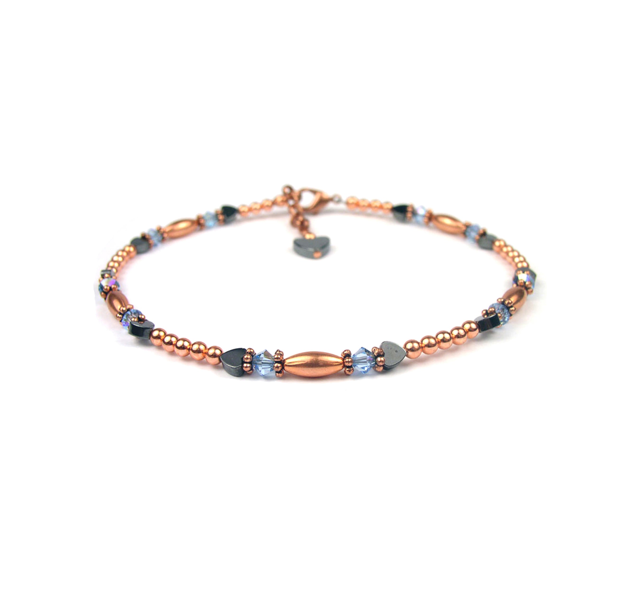Copper Blue Aquamarine Ankle Bracelet, Pisces &amp; Aries June Birthstone Crystal Beaded Anklets for Women