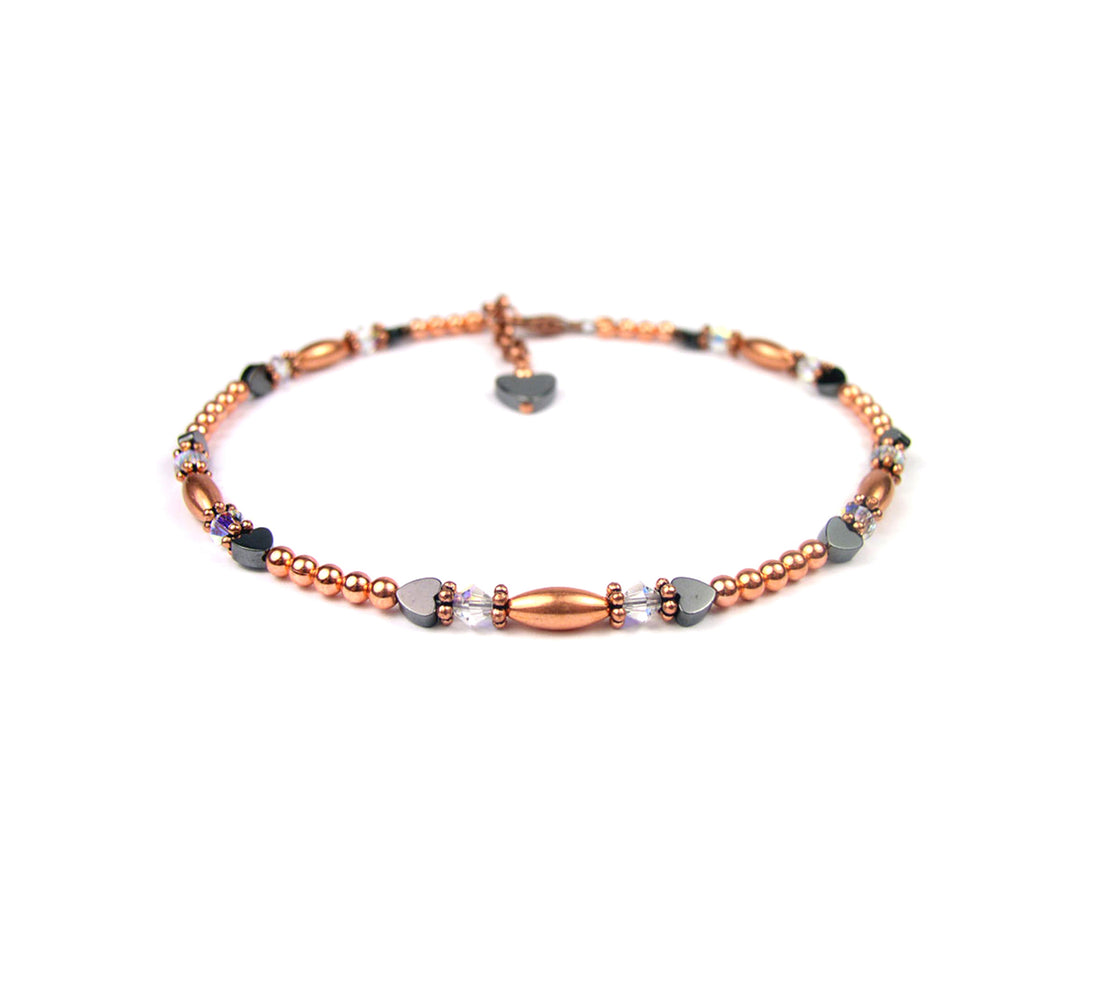 Copper Clear Quartz Ankle Bracelet, Aries &amp; Taurus April Birthstone Crystal Beaded Anklets for Women