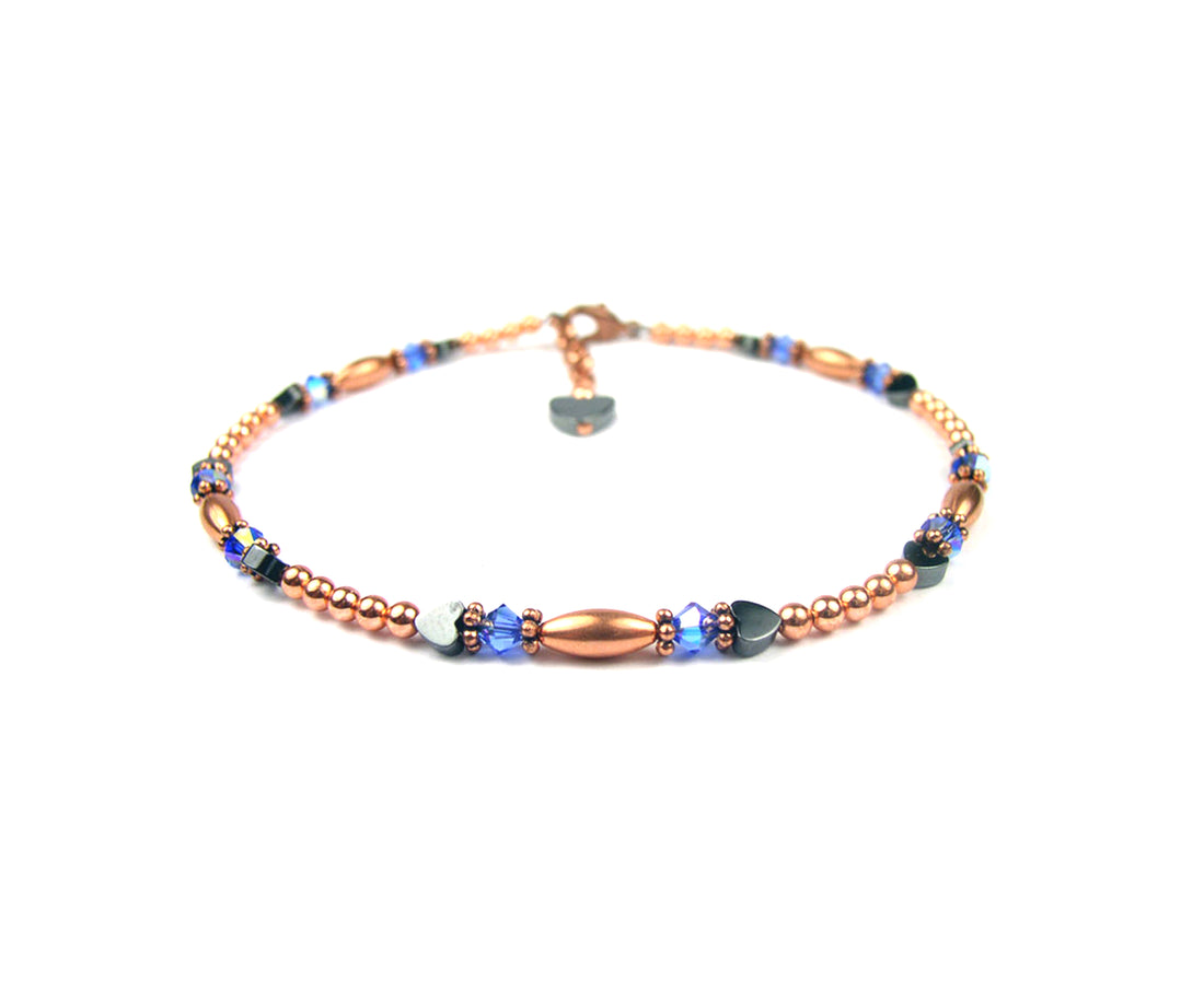 Copper Sapphire Ankle Bracelet, Virgo &amp; Libra September Birthstone Crystal Beaded Anklets for Women