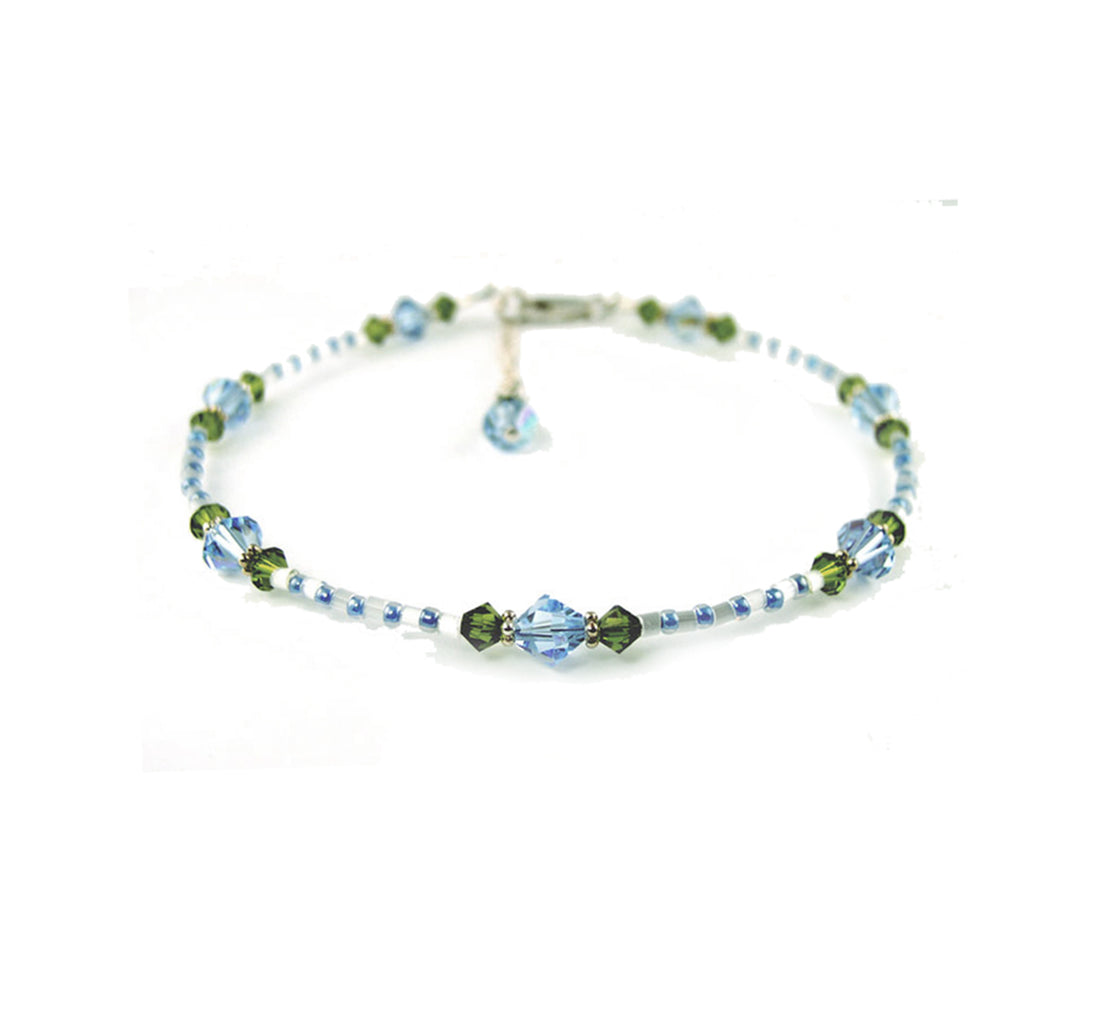 Aquamarine Anklet, &quot;Blue Morning Glory&quot; Flowers, Handmade Birthstone Crystal Beaded Ankle Bracelet Gardener Gifts