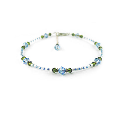 Aquamarine Anklet, &quot;Blue Morning Glory&quot; Flowers, Handmade Birthstone Crystal Beaded Ankle Bracelet Gardener Gifts
