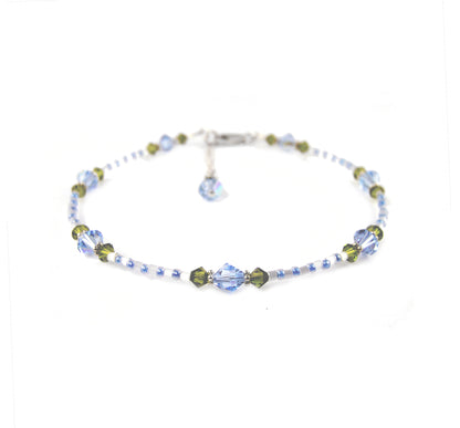 Aquamarine Anklet, &quot;Blue Morning Glory&quot; Flowers, Handmade Birthstone Crystal Beaded Ankle Bracelet Gardener Gifts