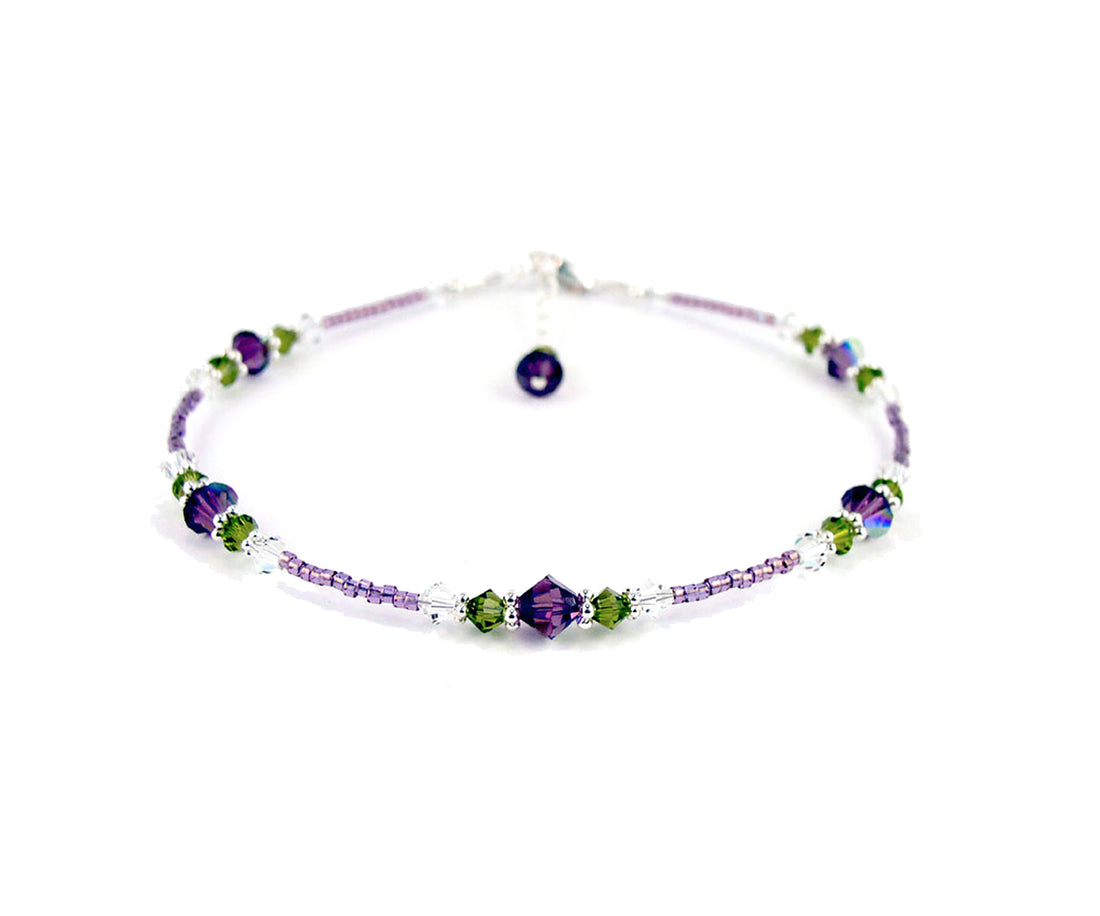 Amethyst &quot;Purple Wisteria&quot; Flowers, Handmade Birthstone Crystal Beaded Ankle Bracelet, Floral Gardeners Gifts