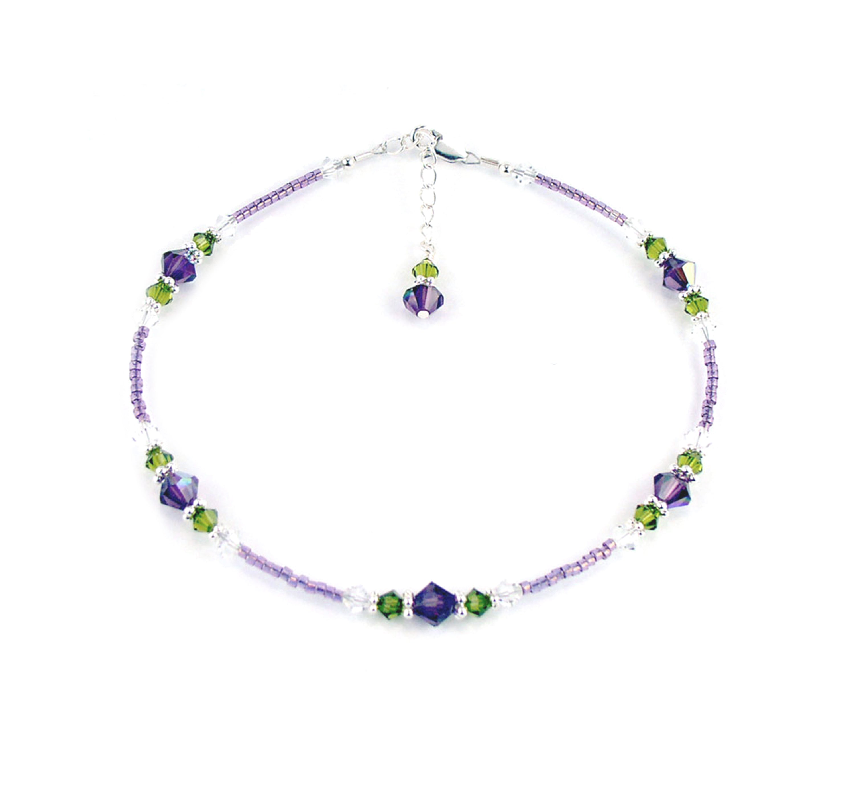 Amethyst &quot;Purple Wisteria&quot; Flowers, Handmade Birthstone Crystal Beaded Ankle Bracelet, Floral Gardeners Gifts