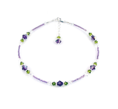 Amethyst &quot;Purple Wisteria&quot; Flowers, Handmade Birthstone Crystal Beaded Ankle Bracelet, Floral Gardeners Gifts