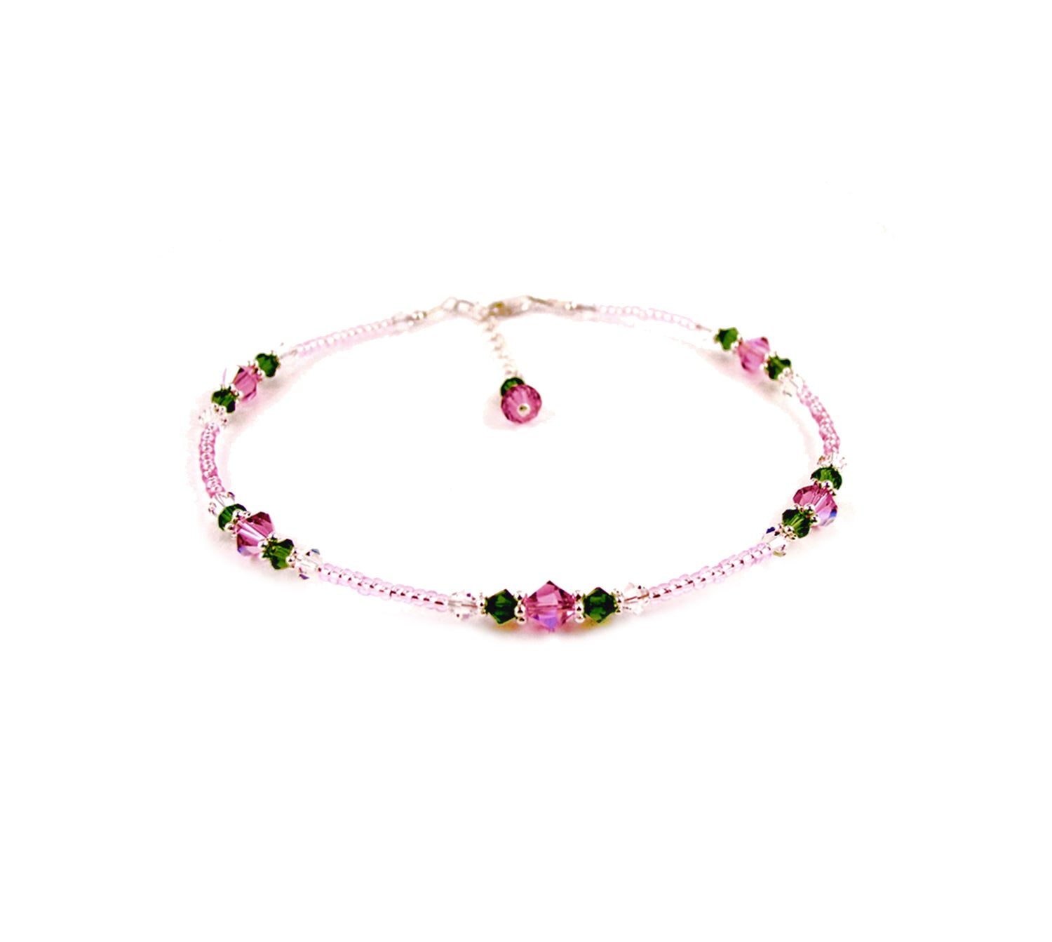 Pink Tourmaline &quot;Pink Rose Garden&quot; Flower Anklet, Handmade Crystal Beaded Ankle Bracelets, Gardeners Gifts, Sterling Silver