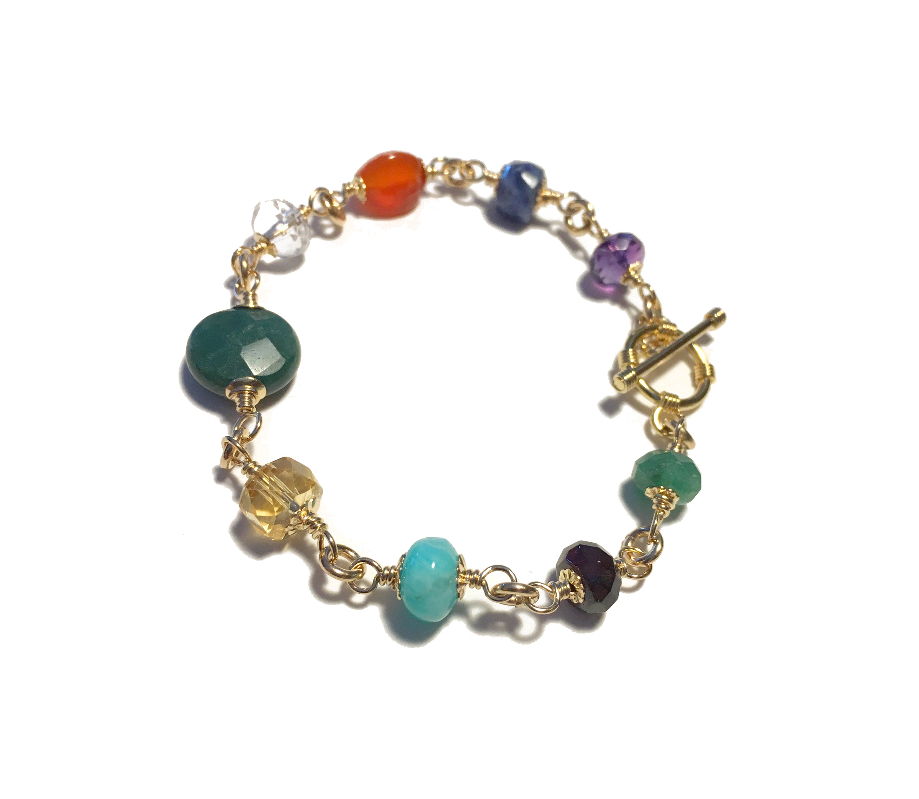 7 Chakra Bracelets, 14K GF Asymmetrical Mindfulness Gift, Real Crystals Gemstone Meditation Gifts B7007