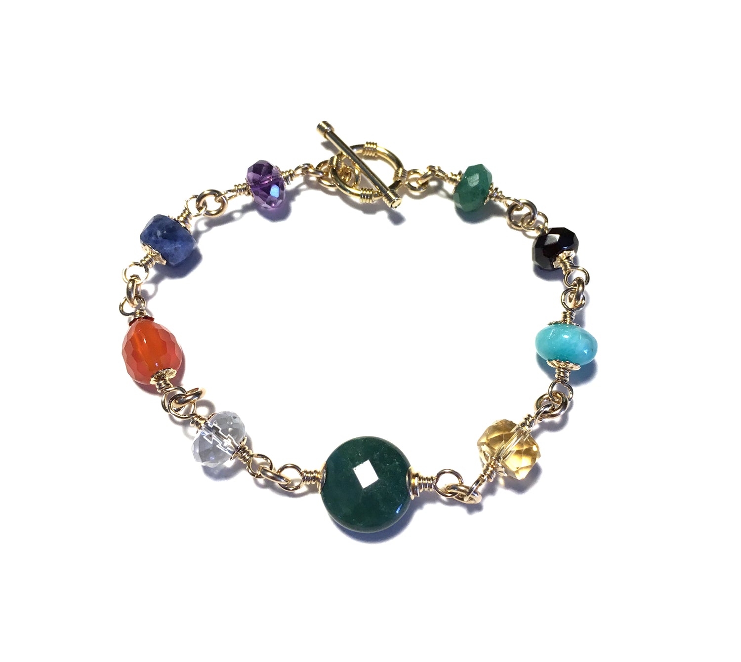 7 Chakra Bracelets, 14K GF Asymmetrical Mindfulness Gift, Real Crystals Gemstone Meditation Gifts B7007