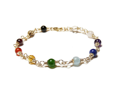 7 Stone Genuine Chakra Bracelet, Designer Grade Mindfulness Gift, 14K GF Real Crystals Protection, Gemstone Bracelet Medatation Gifts B7018