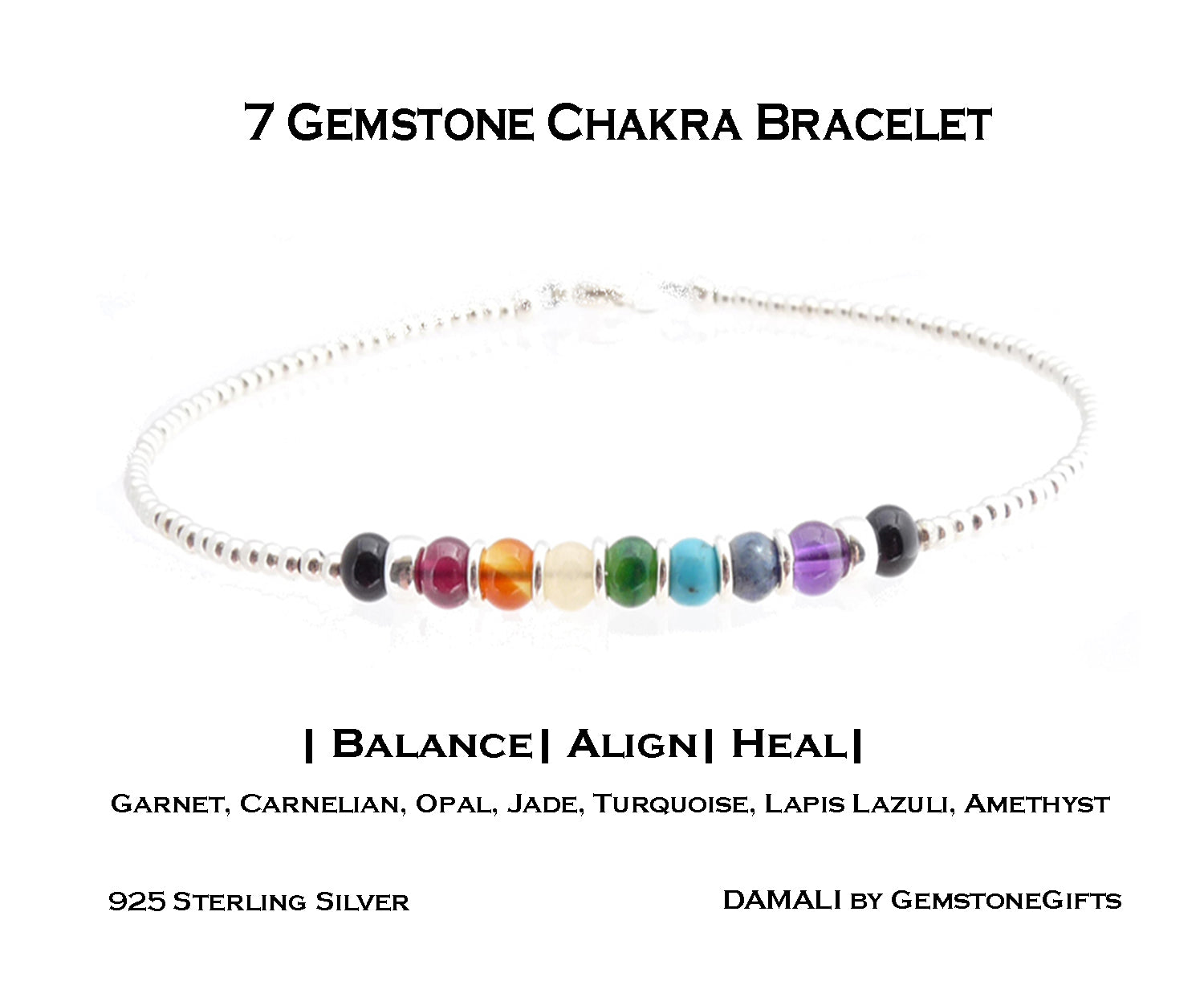Authentic 7 Chakra Bracelets using Genuine Gemstones in Sterling Silver or 14K Gold Filled. emstones.