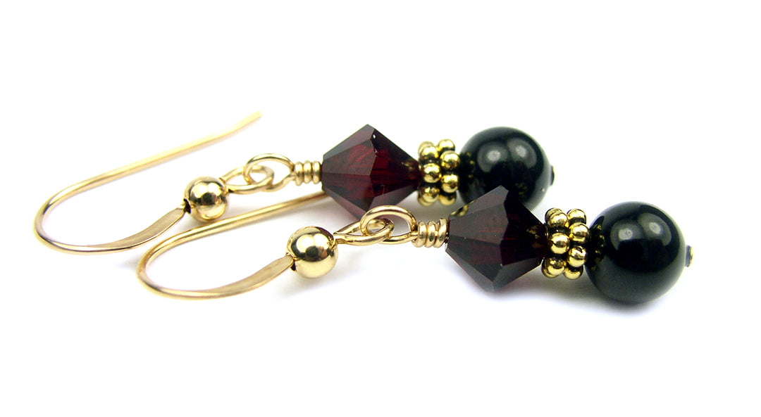 14Kt GF Garnet Earrings, January Birthstone Earrings, Black Pearl Drop Earrings, Austrian Crystal Earrings, Red Crystal Jewelry