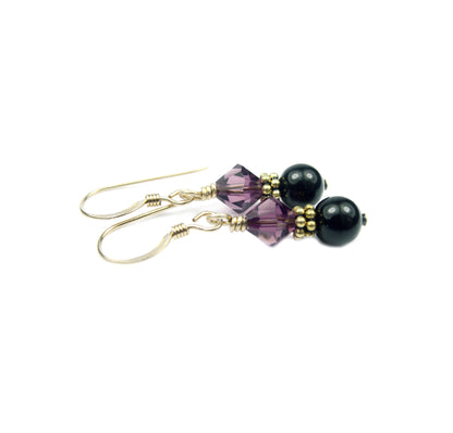 14Kt GF Amethyst Earrings, February Birthstone, Black Pearl Drop Earrings, Austrian Crystal Earrings, Purple Crystal Jewelry