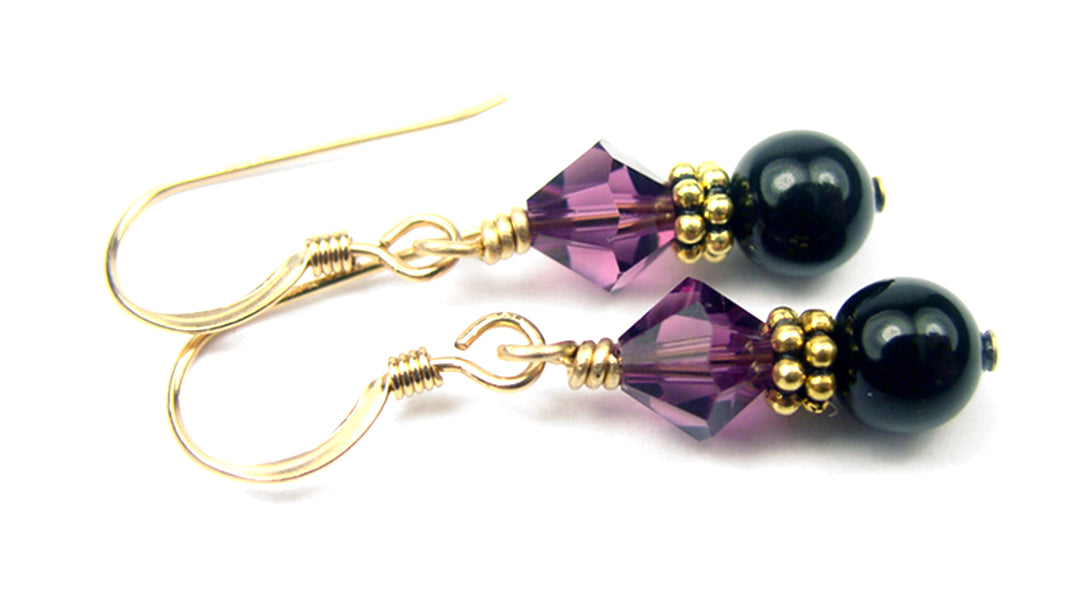 14Kt GF Amethyst Earrings, February Birthstone, Black Pearl Drop Earrings, Austrian Crystal Earrings, Purple Crystal Jewelry