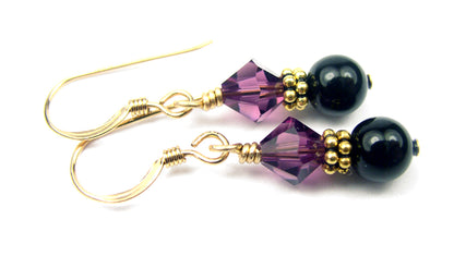 14Kt GF Amethyst Earrings, February Birthstone, Black Pearl Drop Earrings, Austrian Crystal Earrings, Purple Crystal Jewelry