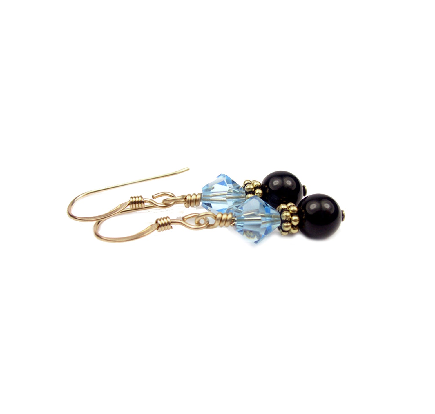 14Kt GF Aquamarine Earrings, March Birthstone, Black Pearl Drop Earrings, Austrian Crystal Earrings, Blue Crystal Jewelry
