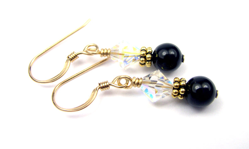 14Kt GF Clear Earrings, April Birthstone Earrings, Black Pearl Drop Earrings, Austrian Crystal Earrings, Crystal Jewelry