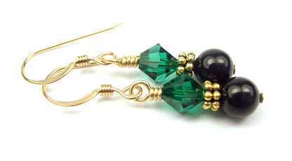 14Kt GF Emerald Earrings, May Birthstone Earrings, Black Pearl Drop Earrings, Austrian Crystal Earrings, Green Crystal Jewelry