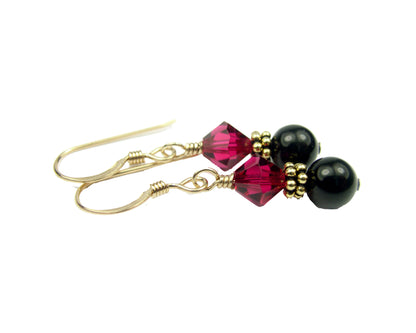 14Kt GF Ruby Earrings, July Birthstone Earrings, Black Pearl Drop Earrings, Austrian Crystal Earrings, Red Crystal Jewelry