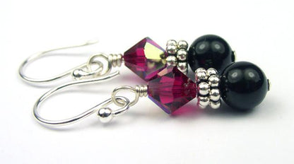 Silver Black Pearl and Crystal Earrings July Ruby Genuine Crystal Jewelry