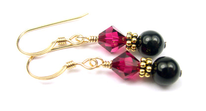 14Kt GF Ruby Earrings, July Birthstone Earrings, Black Pearl Drop Earrings, Austrian Crystal Earrings, Red Crystal Jewelry