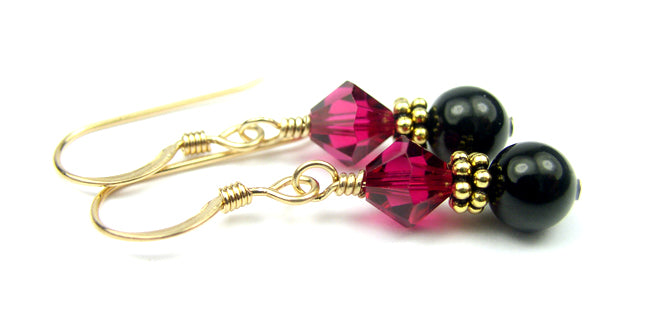 14Kt GF Ruby Earrings, July Birthstone Earrings, Black Pearl Drop Earrings, Austrian Crystal Earrings, Red Crystal Jewelry