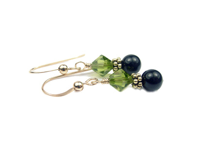 14Kt GF Peridot Earrings, April Birthstone Earrings, Black Pearl Drop Earrings, Austrian Crystal Earrings, Green Crystal Jewelry