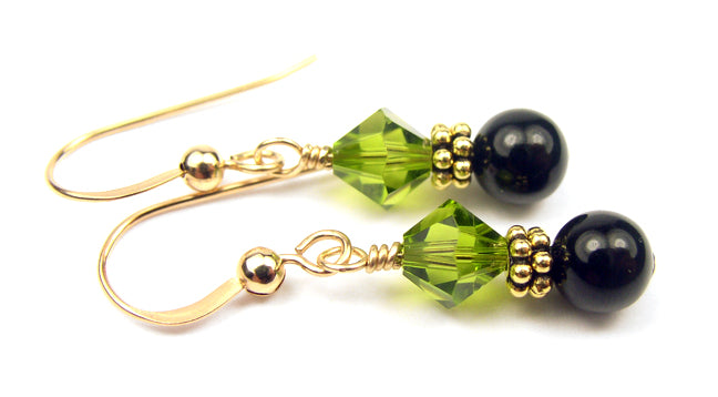 14Kt GF Peridot Earrings, April Birthstone Earrings, Black Pearl Drop Earrings, Austrian Crystal Earrings, Green Crystal Jewelry