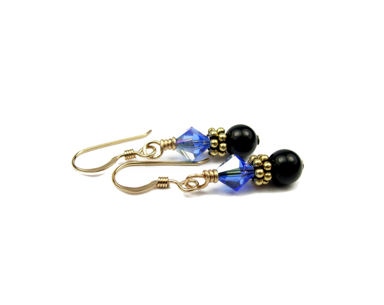 14Kt GF Sapphire Earrings, September Birthstone Earrings, Black Pearl Drop Earrings, Austrian Crystal Earrings, Blue Crystal Jewelry