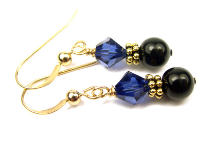 14Kt GF Sapphire Earrings, September Birthstone Earrings, Black Pearl Drop Earrings, Austrian Crystal Earrings, Blue Crystal Jewelry