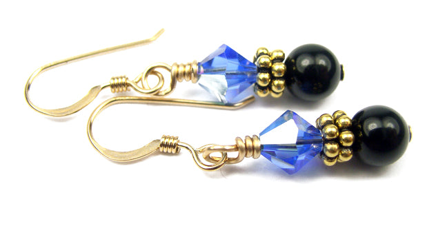 14Kt GF Sapphire Earrings, September Birthstone Earrings, Black Pearl Drop Earrings, Austrian Crystal Earrings, Blue Crystal Jewelry