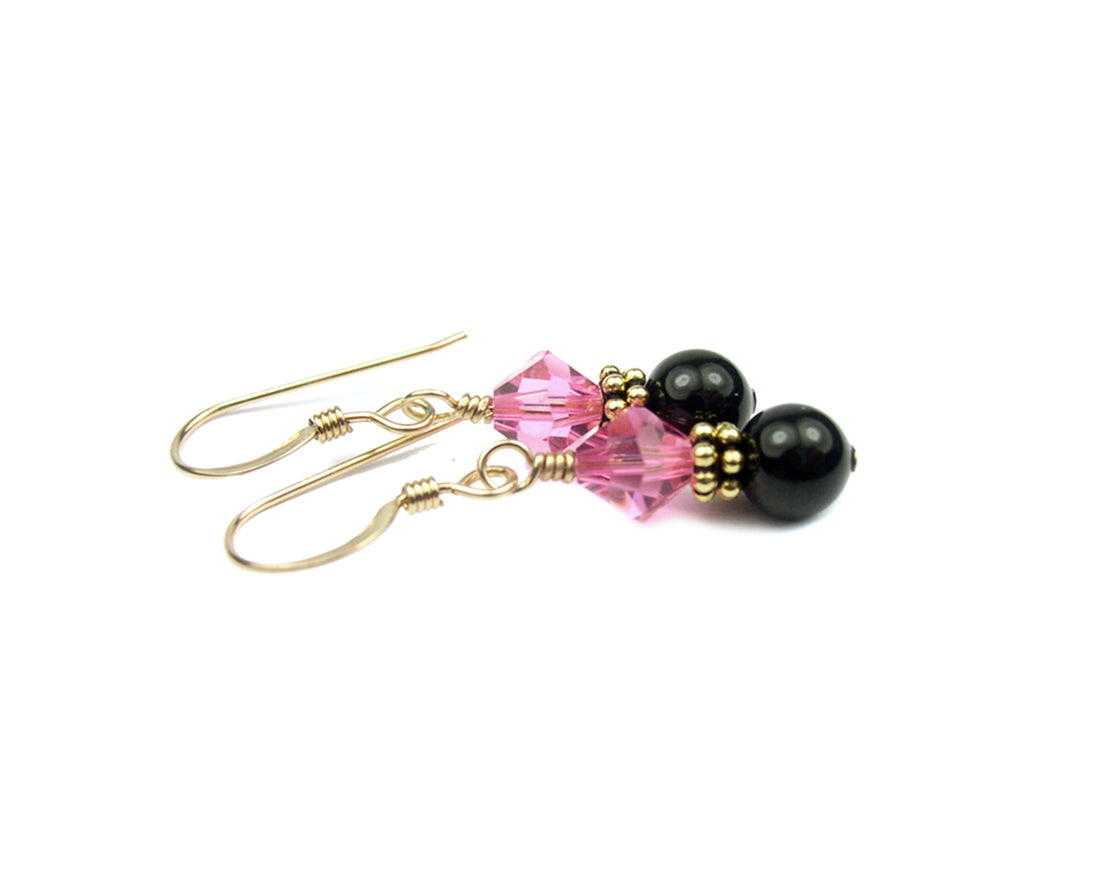 14Kt GF Tourmaline Earrings, October Birthstone Earrings, Black Pearl Drop Earrings, Austrian Crystal Earrings, Pink Crystal Jewelry