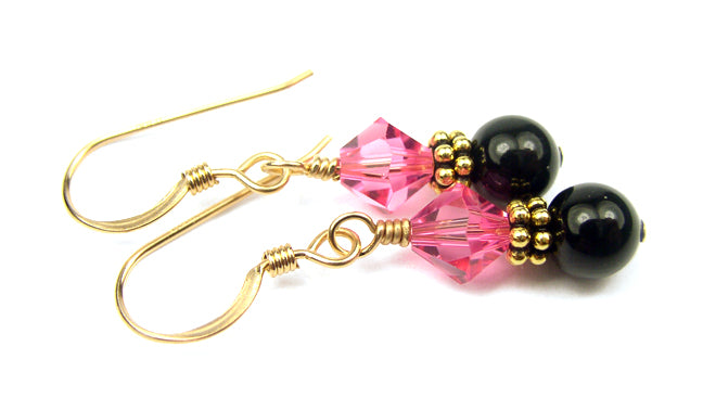 14Kt GF Tourmaline Earrings, October Birthstone Earrings, Black Pearl Drop Earrings, Austrian Crystal Earrings, Pink Crystal Jewelry