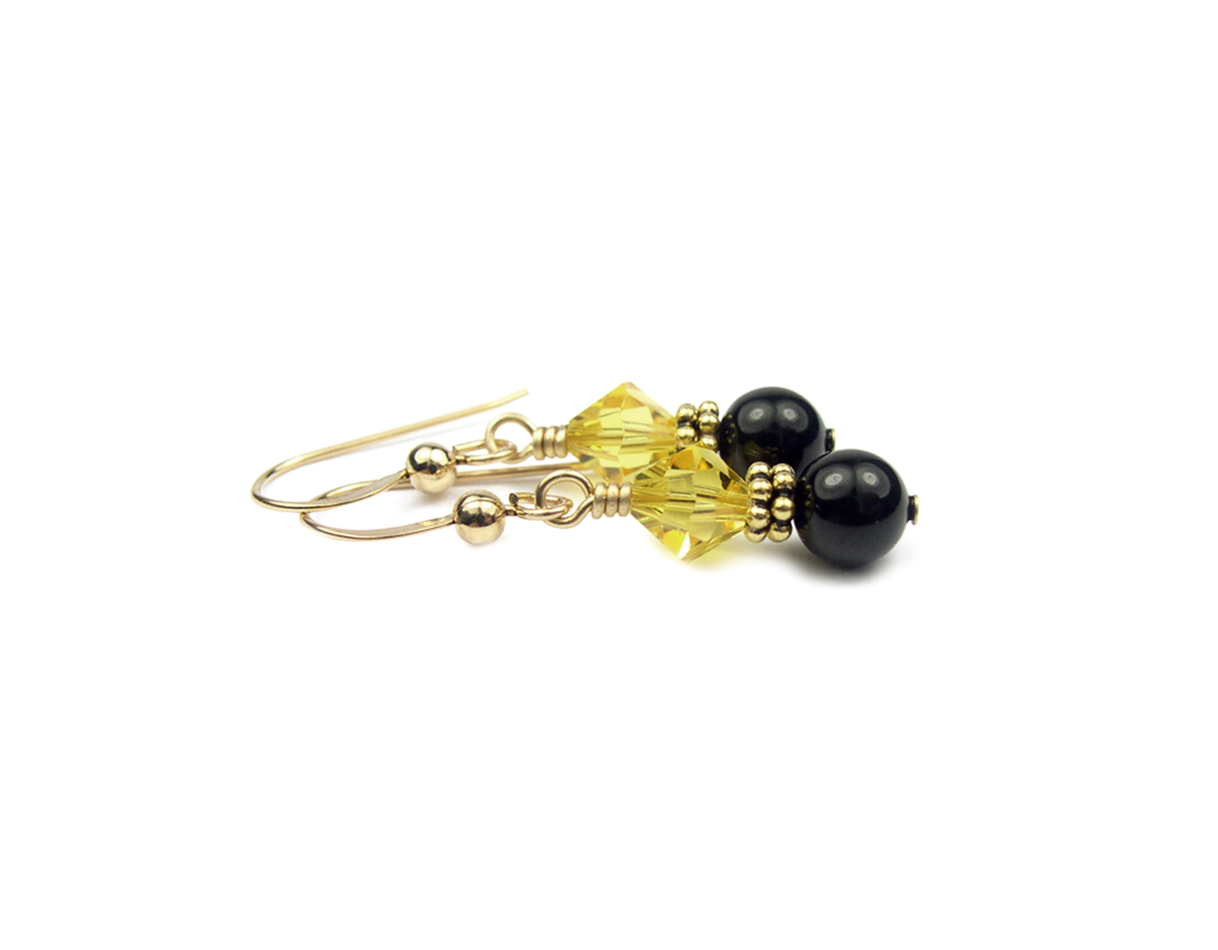 14Kt GF Citrine Earrings, November Birthstone, Black Pearl Drop Earrings, Austrian Crystal Earrings, Yellow Crystal Jewelry