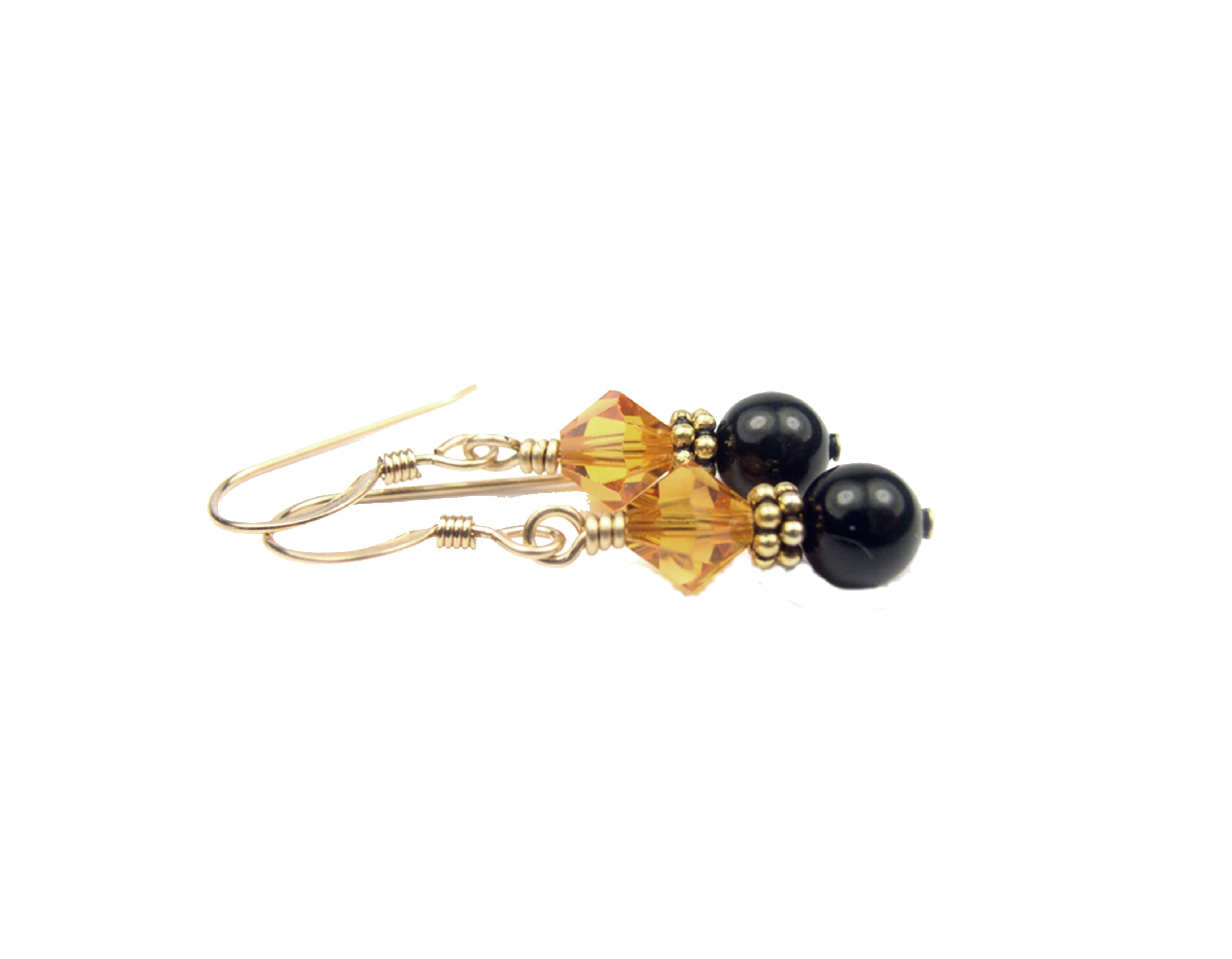 14Kt GF Topaz Earrings, November Birthstone Earrings, Black Pearl Drop Earrings, Austrian Crystal Earrings, Yellow Crystal Jewelry