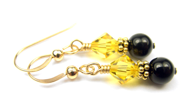 14Kt GF Citrine Earrings, November Birthstone, Black Pearl Drop Earrings, Austrian Crystal Earrings, Yellow Crystal Jewelry