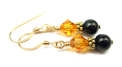 14Kt GF Topaz Earrings, November Birthstone Earrings, Black Pearl Drop Earrings, Austrian Crystal Earrings, Yellow Crystal Jewelry