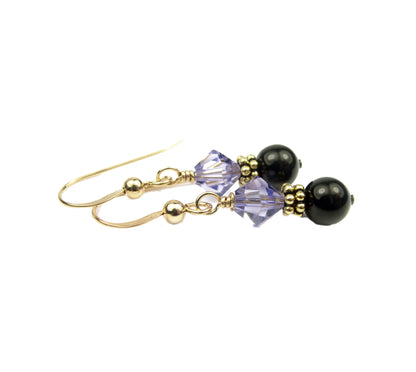 14Kt GF Tanzanite Earrings, December Birthstone Earrings, Black Pearl Drop Earrings, Austrian Crystal Earrings, Purple Crystal Jewelry
