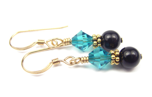 14Kt GF Zircon Earrings, December Birthstone Earrings, Black Pearl Drop Earrings, Austrian Crystal Earrings, Blue Crystal Jewelry