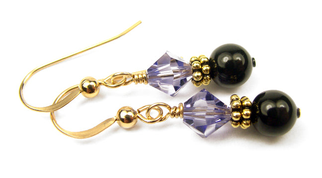 14Kt GF Tanzanite Earrings, December Birthstone Earrings, Black Pearl Drop Earrings, Austrian Crystal Earrings, Purple Crystal Jewelry