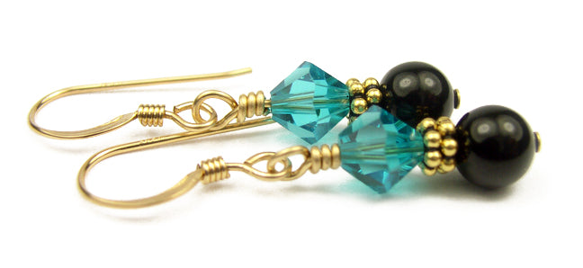 14Kt GF Zircon Earrings, December Birthstone Earrings, Black Pearl Drop Earrings, Austrian Crystal Earrings, Blue Crystal Jewelry