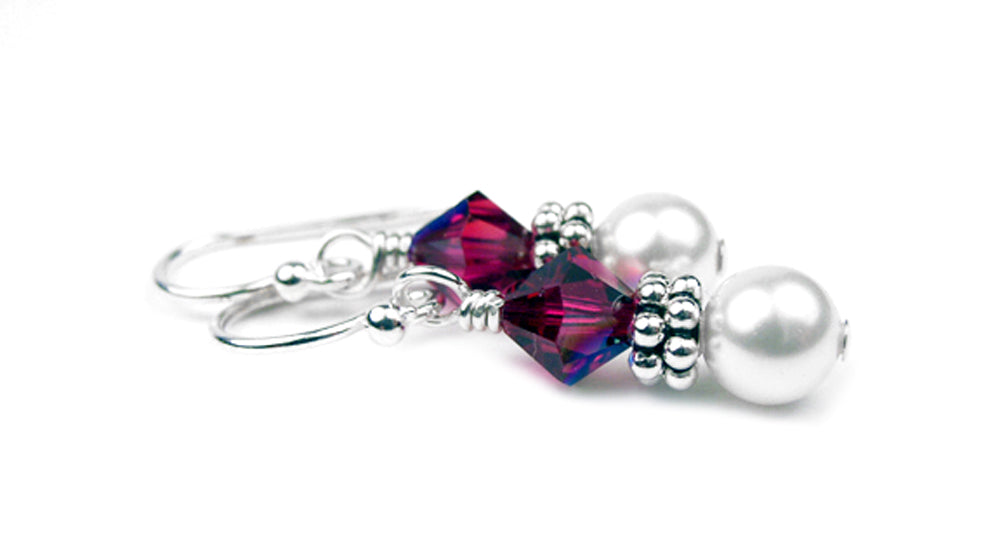 Sterling Ruby Earrings, July Birthstone Earrings, Freshwater Pearl Beaded Earrings, Red Crystal Jewelry