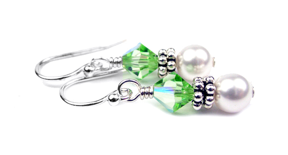 Sterling Peridot Earrings, August Birthstone Earrings, Freshwater Pearl Beaded Earrings, Green Crystal Jewelry